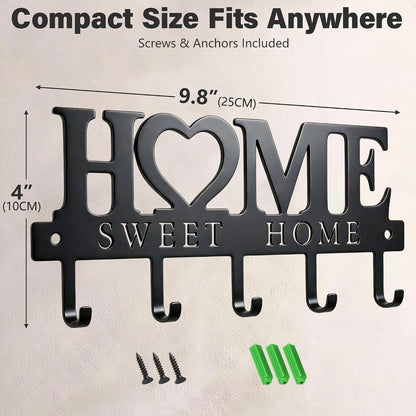 Key Holder for Wall with 5 Hooks, Wall Mounted Metal Key Rack Organizer, Home Sweet Home Heart Decor Key Hooks for Entryway, Mudroom, Kitchen, Dog Leashes, Coats, Housewarming Gift, Black
