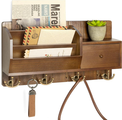 Rebee Vision Key and Mail Holder Wall Mount - Mail Organizer Wall Mount with Storage Hooks and Drawer for Modern Farmhouse Decor - Mail Organizer Wall Mounted for Rustic Apartment Essentials (Brown)