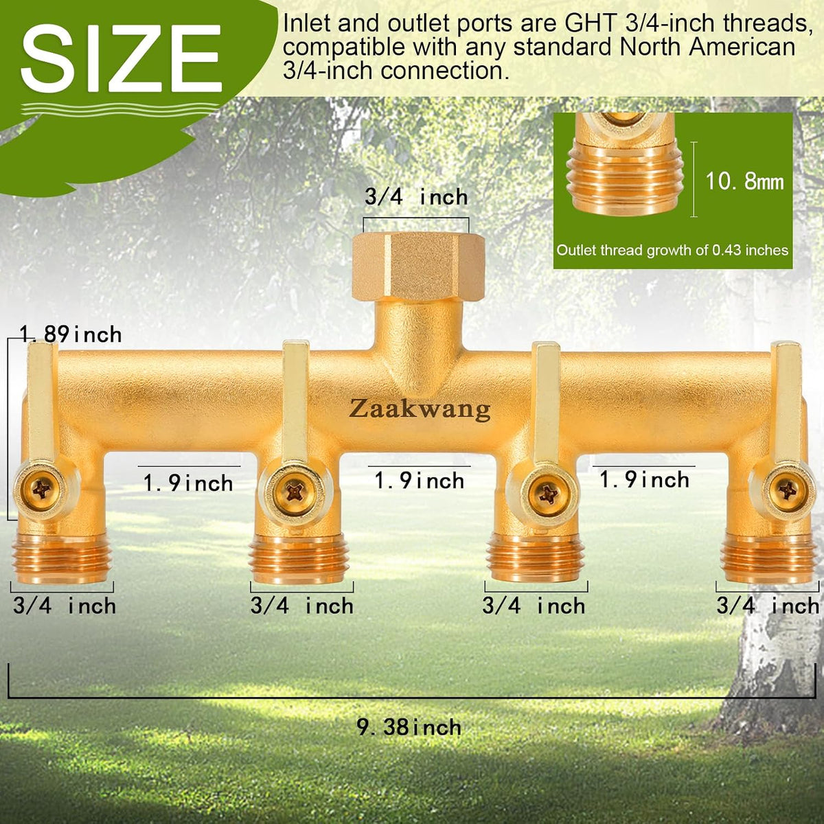Heavy Duty Brass 2-Way Garden Hose Splitter, 3/4" GHT Threads, Metal Shutoff Valve, Long Handle