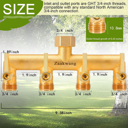 Heavy Duty Brass 2-Way Garden Hose Splitter, 3/4" GHT Threads, Metal Shutoff Valve, Long Handle
