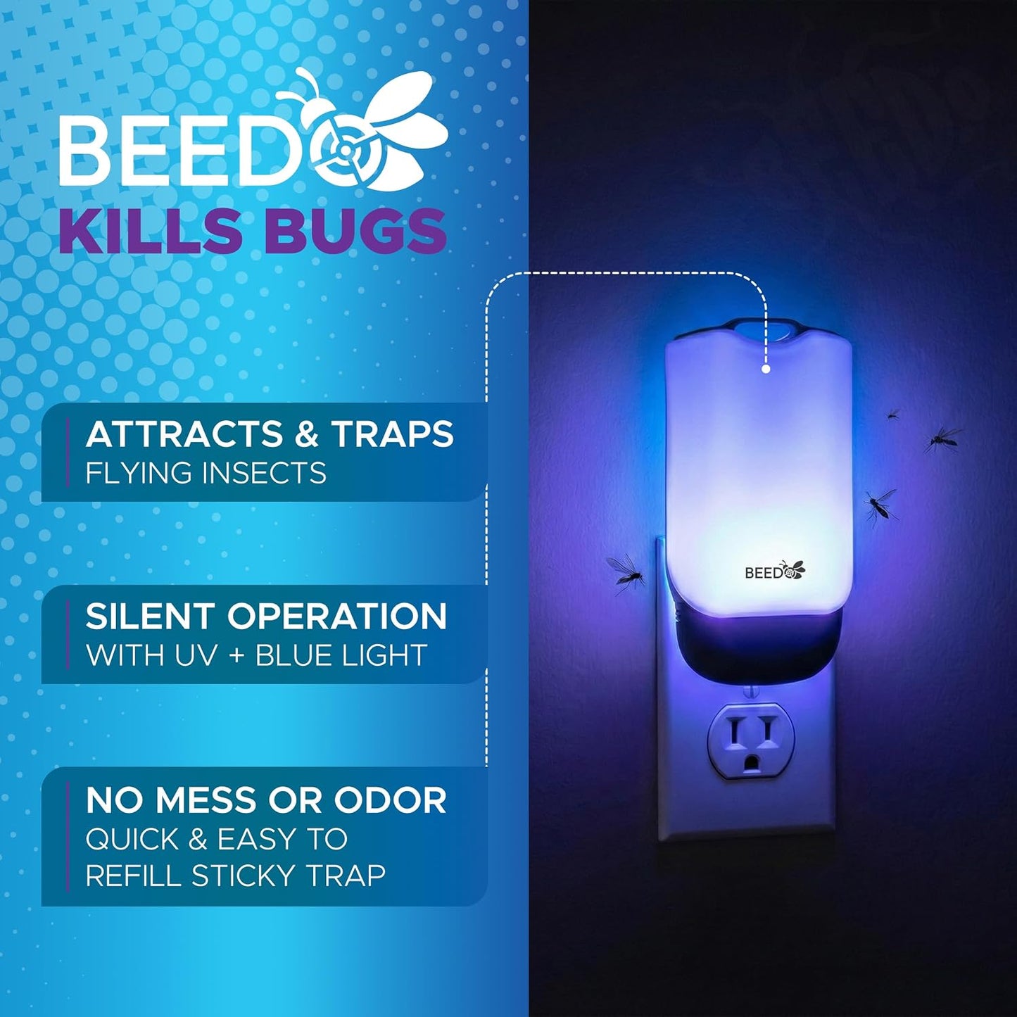Beedo Gnat Fruit Fly Flying Insect Trap Starter Kit, Indoor Bug Catcher Plug in Device for House, Mosquito, Drain Flies Killer, Blue and UV Light Combo, Zapper Alternative, 1 Device with 5 Glue Insert