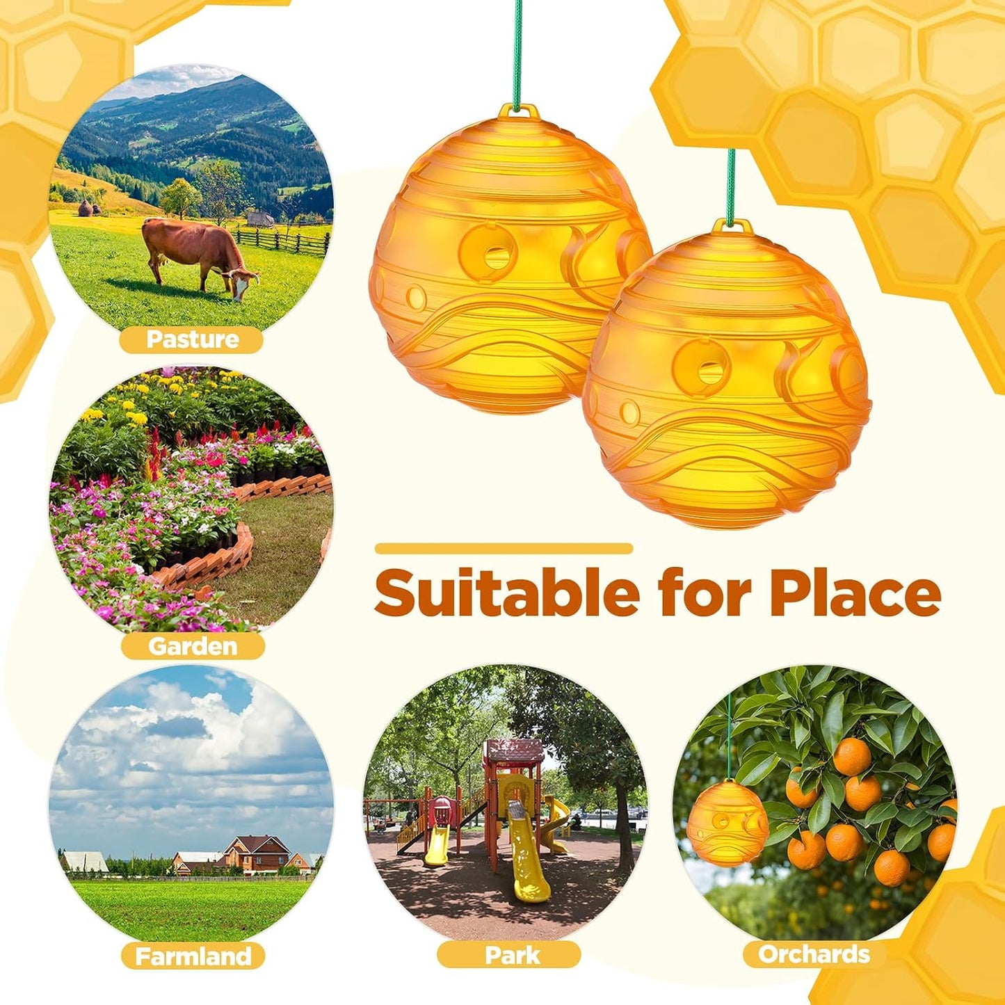 Qualirey 3 Pack Wasp Traps Yellow Jackets Outdoor Hanging Catcher Bee and Wasp Traps for Outside Hornet Bait Reusable Bee Catcher for Garden Farm Orchard(Honeycomb Style)