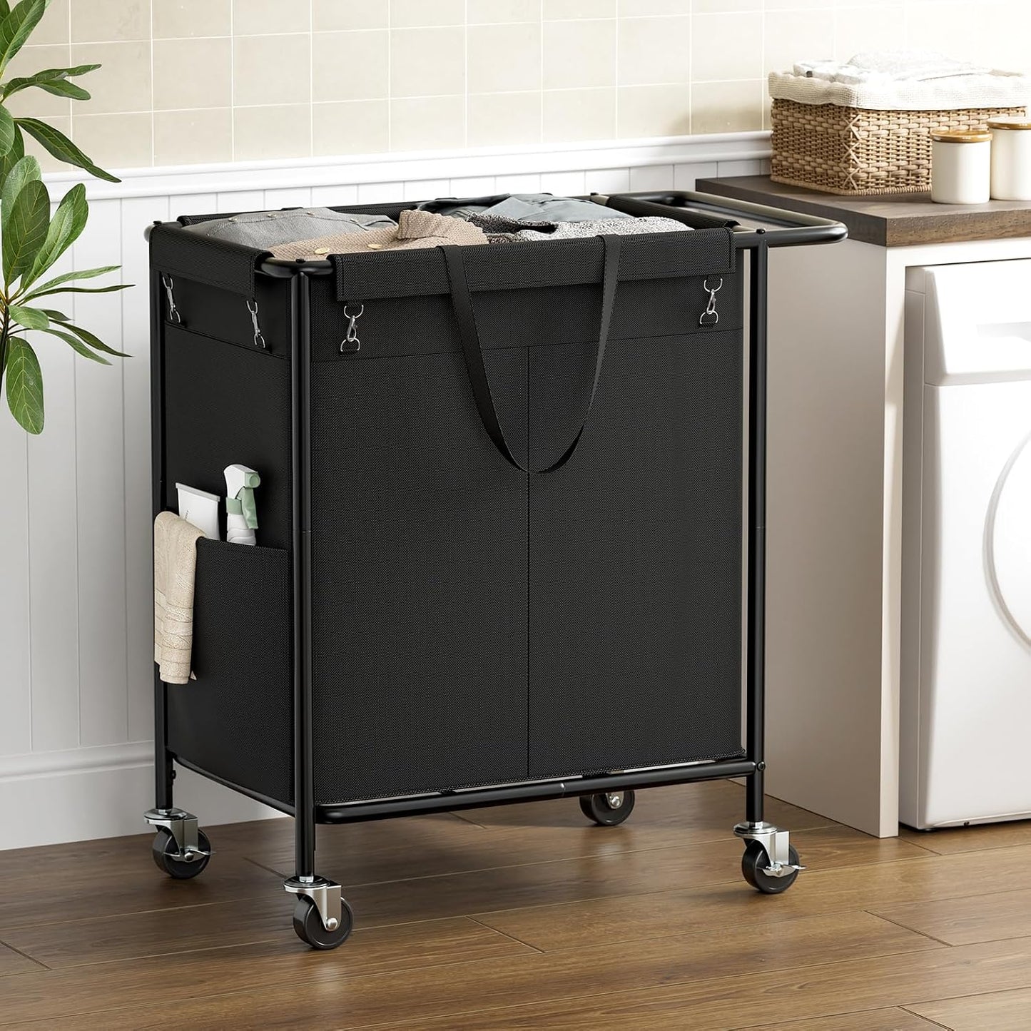 Double Laundry Hamper with Wheels,200L Rolling Laundry Basket 2 Section with Lid,Steel Frame Laundry Cart with Handle and Removable Bags,Dirty Clothes Hamper for Laundry Room,Dorm,Black