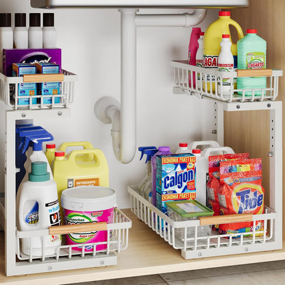 Under Sink Organizer Storage for Families: Pull Out Storage Undersink Organizers Drawer Cabinet - Sliding 2 Tier Rack Metal Organization Under Counter Kitchen Bathroom for Homemakers(White,1 Pack)