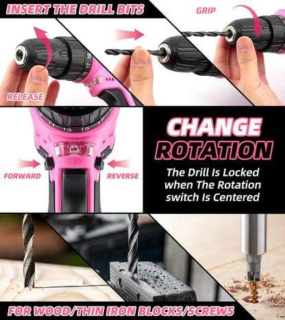 Pink Tool Set for Women, 126-Piece Lady's Power Screwdriver Cordless Rechargeable Set Home Repairing Tool Set with 13-Inch Wide Mouth Open Storage 126PCS 3.6V Electric Screwdriver Tool Bag
