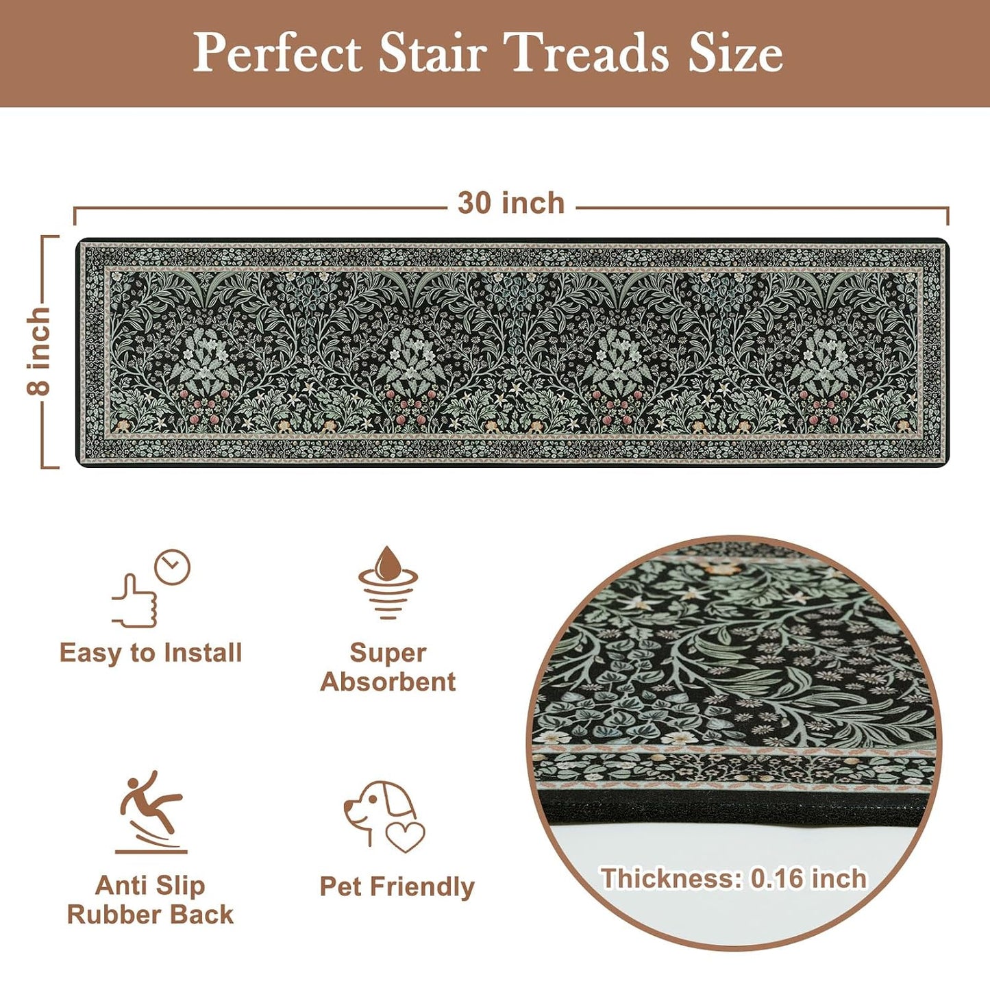 OJIA Floral Stair Treads Non-Slip Stair Runner for Wooden Steps Indoor 15PCS 30"x8" Carpet Stair Treads Stair Mats Staircase Step Treads for Kids, Elders and Dogs, Stair Covers, Black