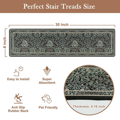 OJIA Floral Stair Treads Non-Slip Stair Runner for Wooden Steps Indoor 15PCS 30"x8" Carpet Stair Treads Stair Mats Staircase Step Treads for Kids, Elders and Dogs, Stair Covers, Black