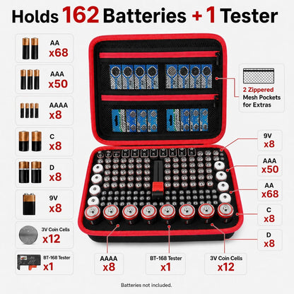 Comecase Battery Storage Case with Tester, Holds 148+ AA AAA C D 9V, Black | Hard-Shell Design, Carry Handle and Custom Foam Slots Keep Batteries Visible, Separated and Ready for Home, Garage or Office