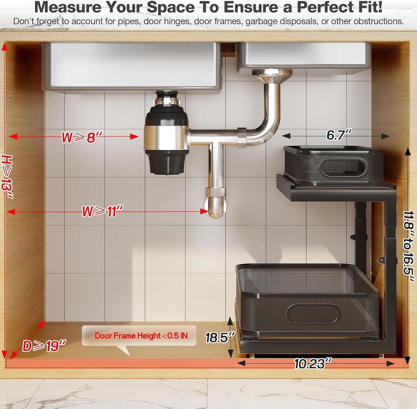 2-Pack Under Sink Storage Organizer with 2-Tier Slide Out Drawer, Sophisticated Mesh Pull Out Shelf for Kitchen & Bathroom, Fits Small Items, Upgraded Arched Track for Smooth Gliding(Patented)