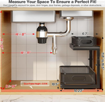 2-Pack Under Sink Storage Organizer with 2-Tier Slide Out Drawer, Sophisticated Mesh Pull Out Shelf for Kitchen & Bathroom, Fits Small Items, Upgraded Arched Track for Smooth Gliding(Patented)