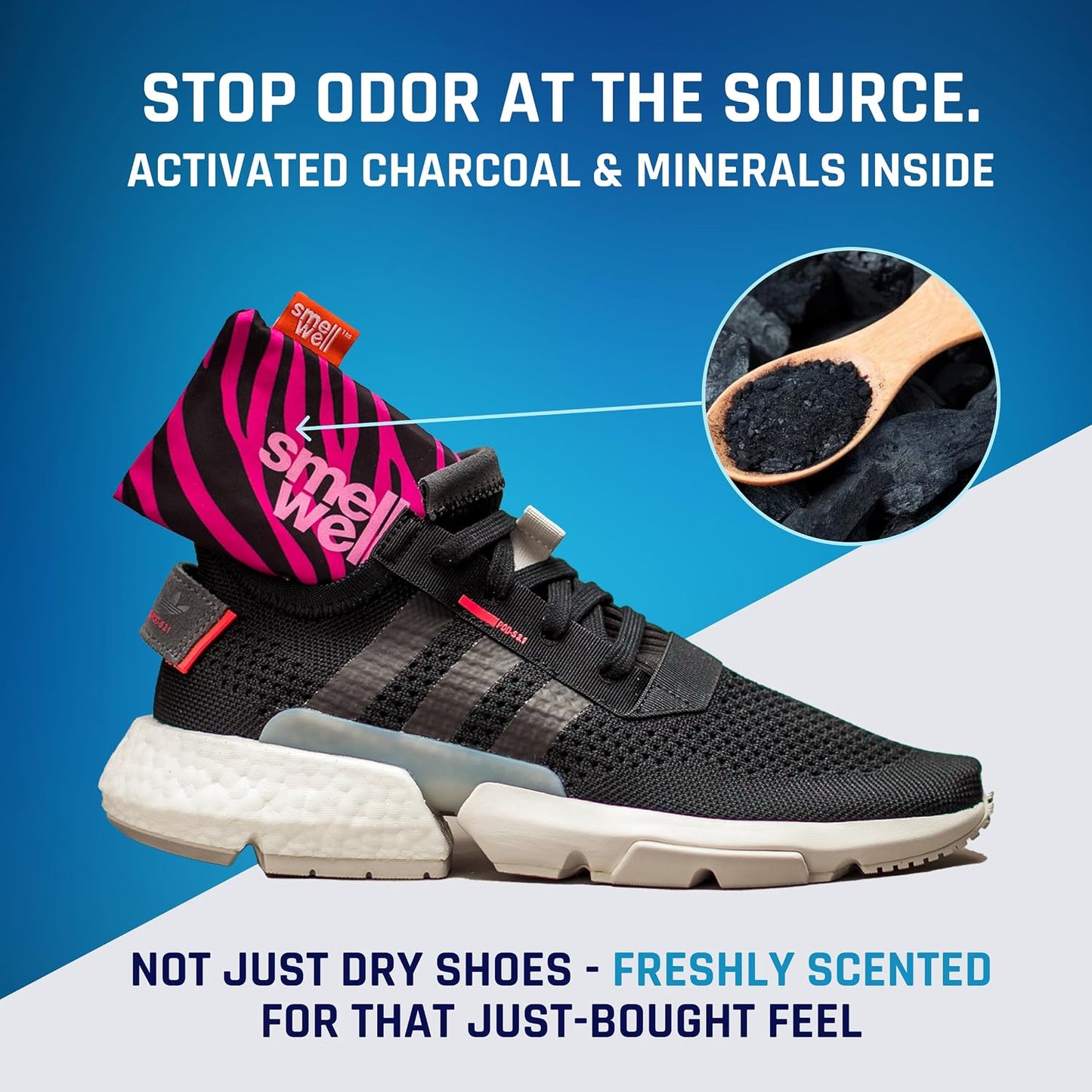 SmellWell - Scented Shoe Deodorizer Inserts - Odor Eliminators - Activated Bamboo Charcoal + Minerals - Natural Fresheners for shoes, bags, gloves - 2 x 1.8oz Original Size - Black Zebra