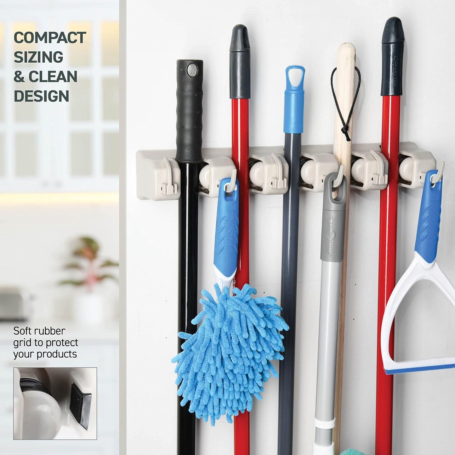 Mop and Broom Holder Wall Mount - Garage Storage Organizer with 5 Slots, 6 Hooks, 7.5lbs Capacity Per Slot - Home, Kitchen, Closet, Garden Tools, Laundry Room Organization – Black Broom Hanger