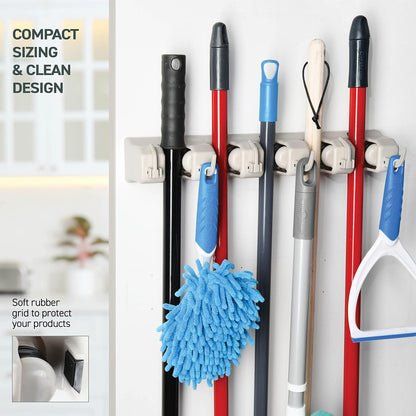 Mop and Broom Holder Wall Mount - Garage Storage Organizer with 5 Slots, 6 Hooks, 7.5lbs Capacity Per Slot - Home, Kitchen, Closet, Garden Tools, Laundry Room Organization – Black Broom Hanger