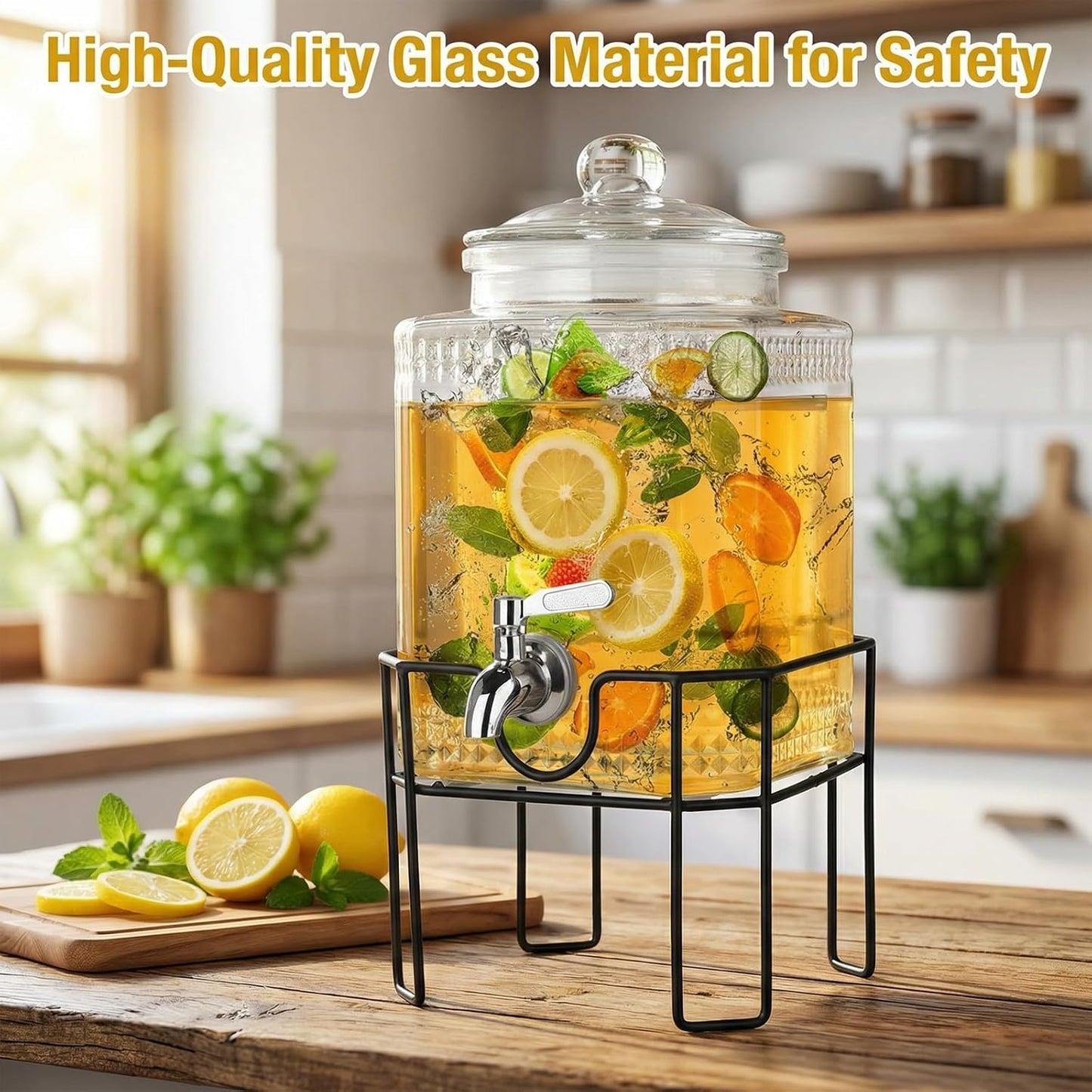 1.5 Gallon Glass Drink Dispenser, Drink Dispensers for Parties, Beverage Dispenser with Stand and Glass Lid, 100% Leakproof Spigot, Ideal for Lemonade, Juice, Iced Tea, Laundry Detergent