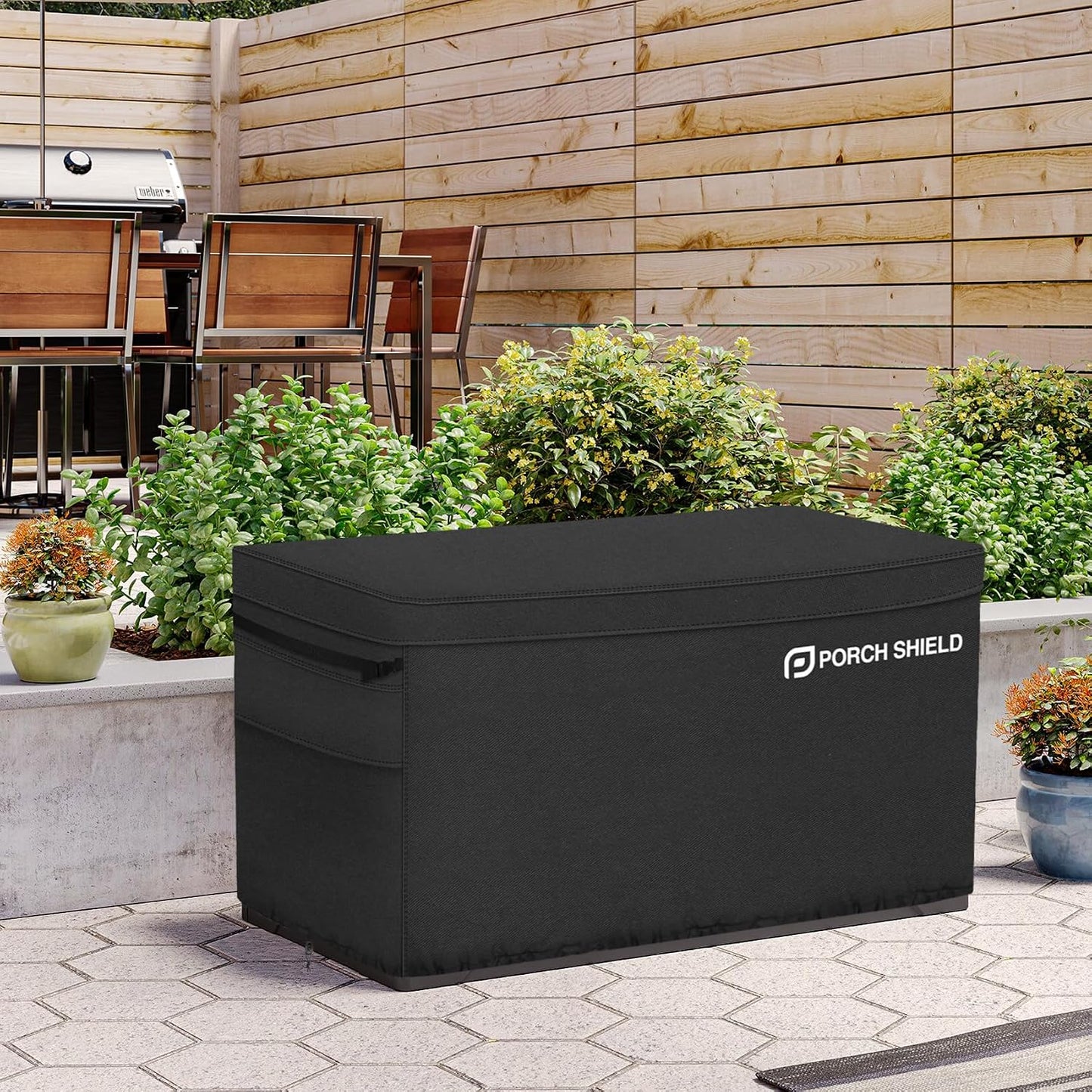 Porch Shield Patio Deck Box Storage Cover - 600D Outdoor Waterproof Cover for 150-230 Gallon Box Tear Resistant Rectangular Fire Pit Table Covers 62 x 29 x 28inch Black