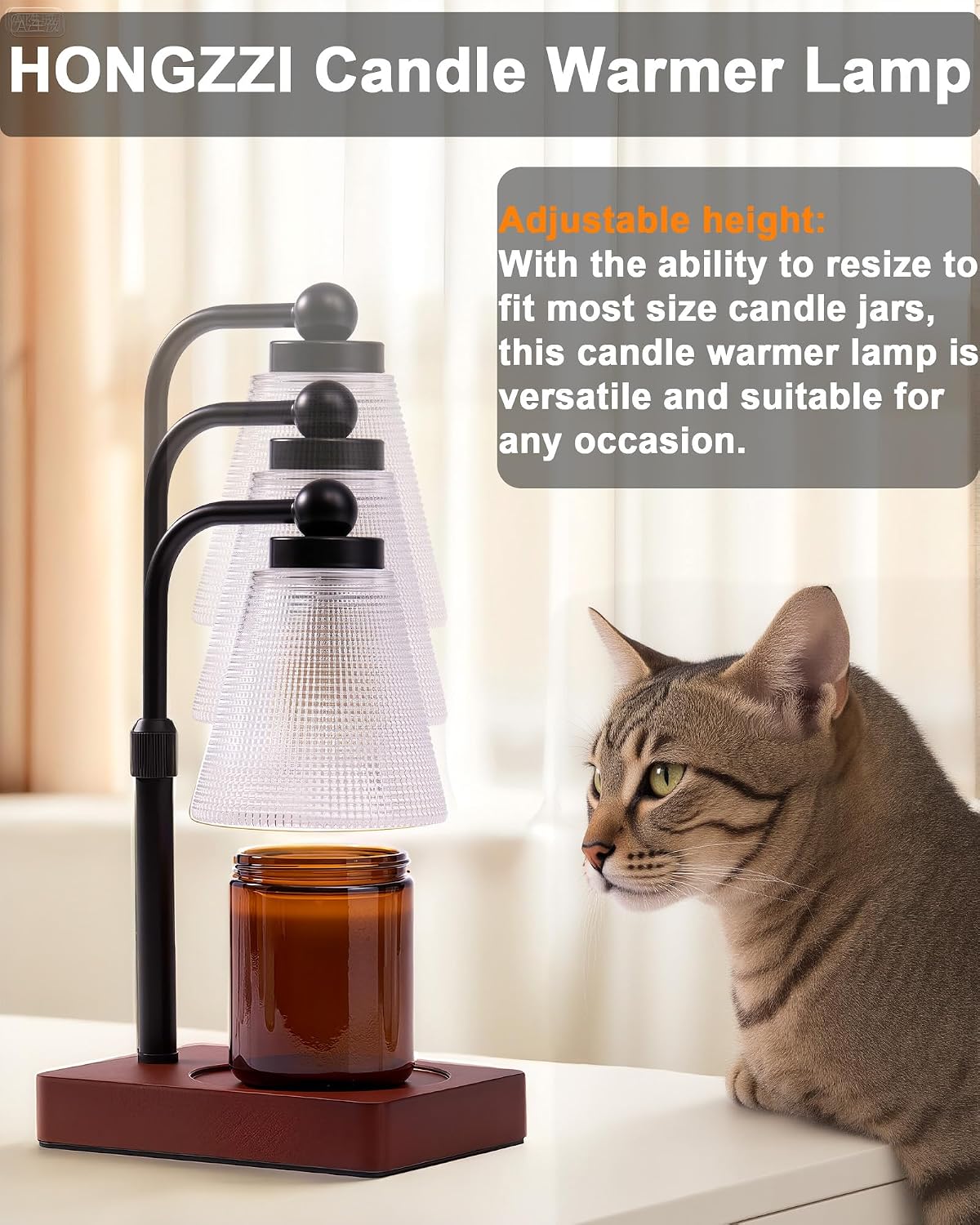 Candle Warmer Lamp with Timer - Adjustable Height & Brightness - Wood Base Glass Shade - 2 Bulbs Included(Square Gold)