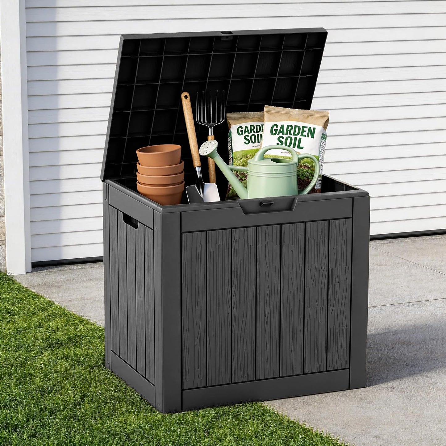 ROJIK 120 Gallon Waterproof Outdoor Deck Storage Box, Lockable Resin Patio Storage Bin with Lid for Garden Tools, Patio Cushions & Outdoor Accessories(Black)