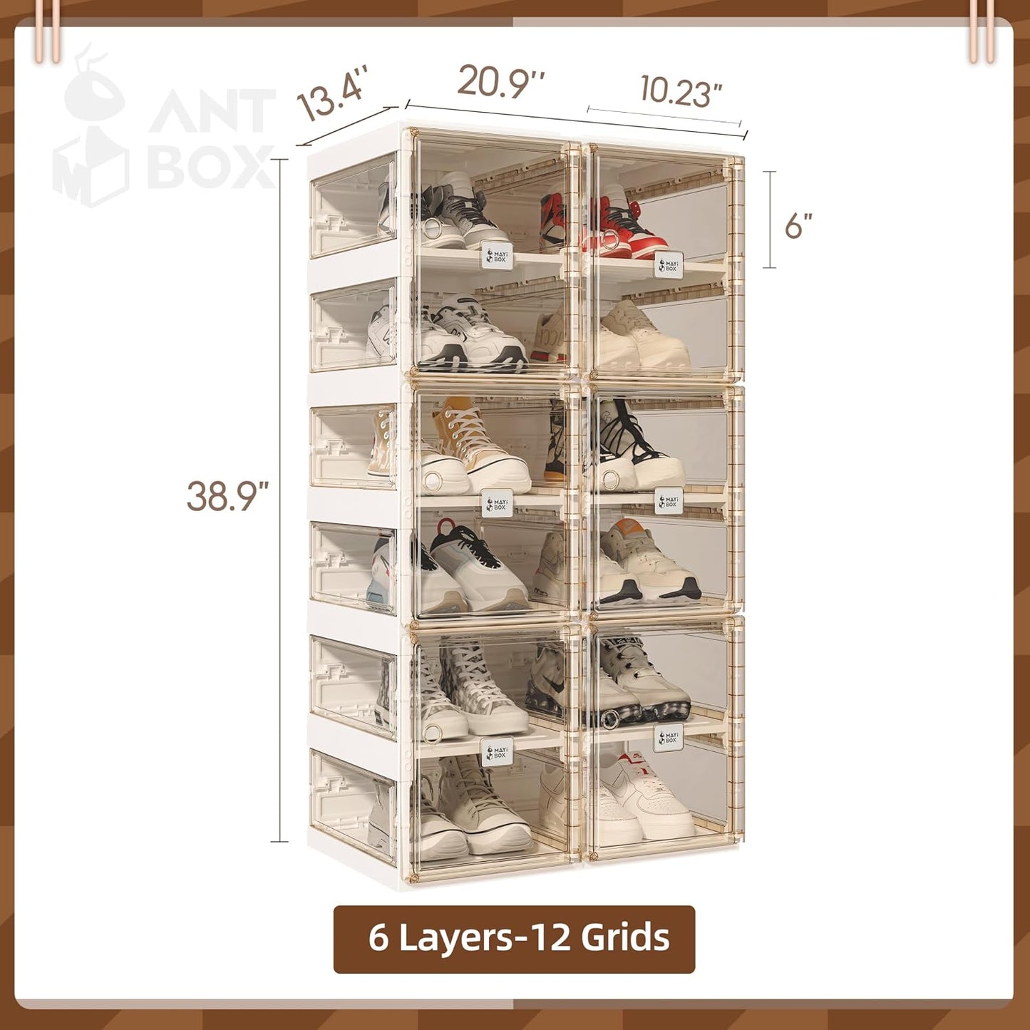ANTBOX Collapsible Shoe Boxes Clear Plastic Stackable, Quick Setup Drop Front Shoe Organizer, Display Storage Cabinet for Sneakers10 Tiers 20 Pairs