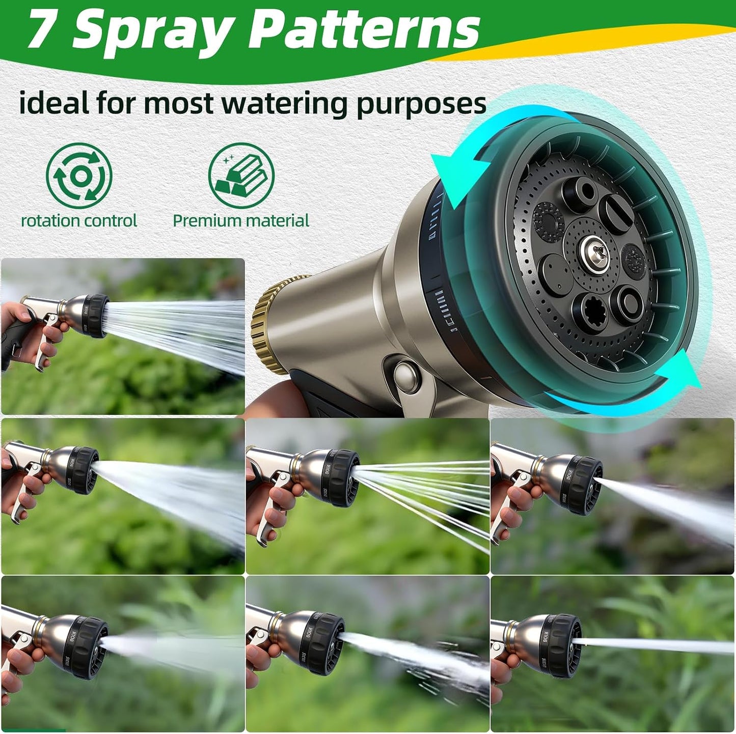 ARXIVE Garden Hose Nozzle,Heavy Duty High Pressure Hand Sprayer,100% Metal Water Hose Sprayer Nozzle with 7 Spray Patterns for Watering Garden,Lawns,Car Washing and Pet Washing