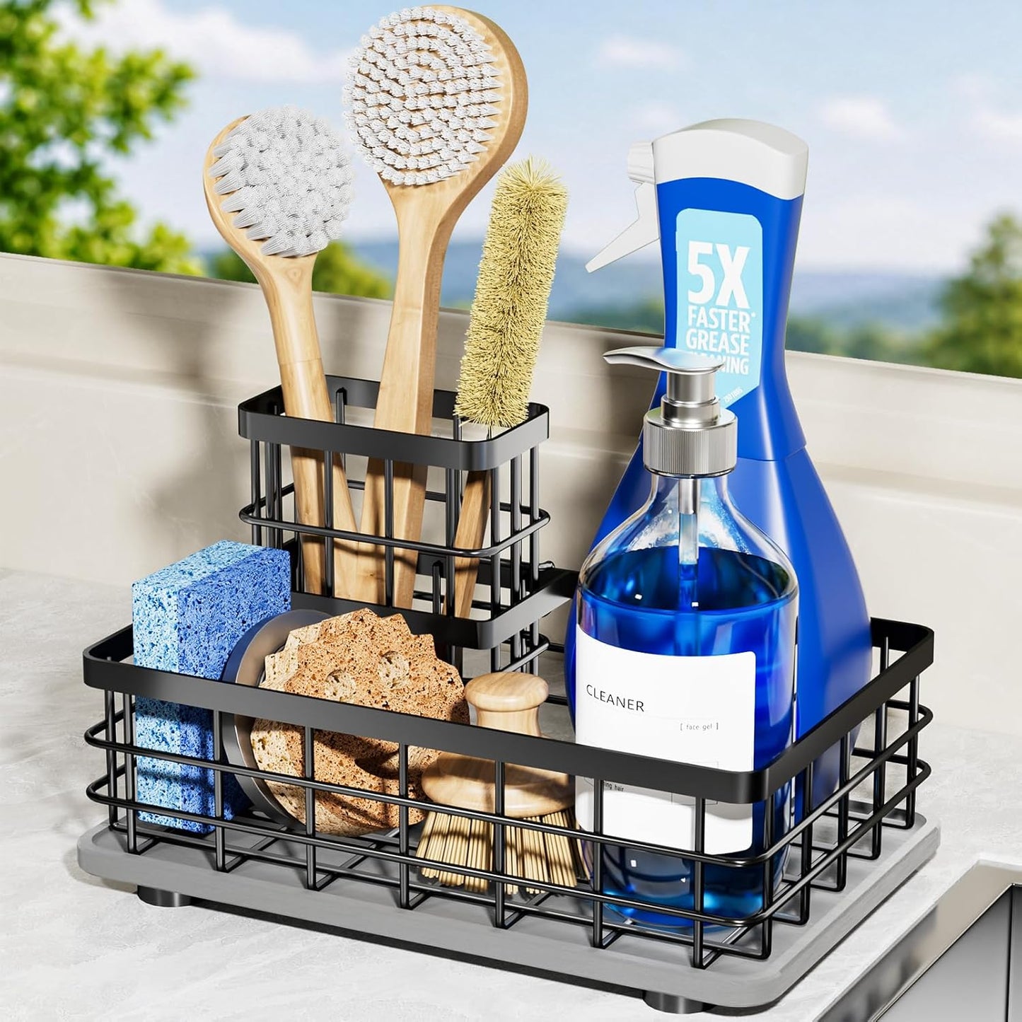 Extra Large Kitchen Sink Caddy Organizer, Stainless Steel Sponge Holder for Kitchen Sink with Brush Holder, Diatomite Stone Sink Tray for Soap Dispenser, Sponge, Kitchen Essentials and Gadgets, Black