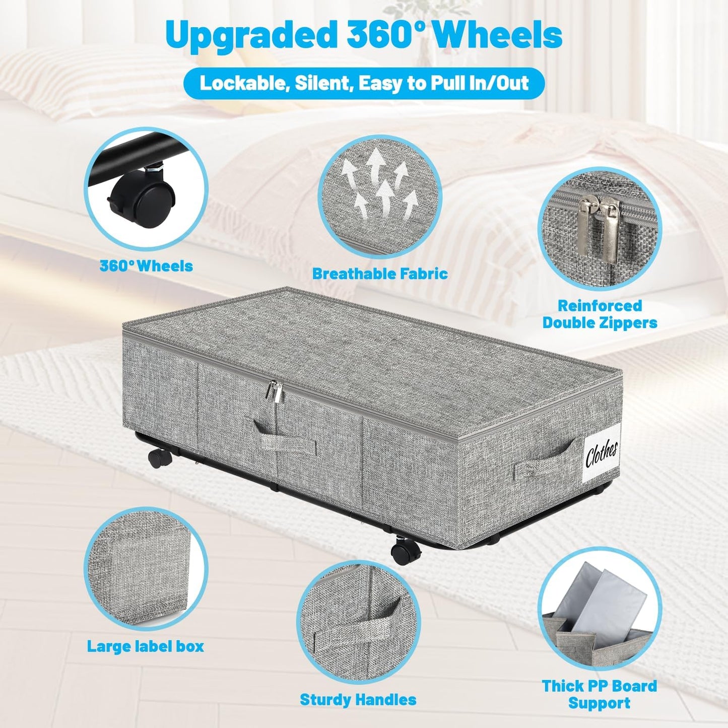 Under Bed Storage with Wheels, 2-Pack 10" Height XXL 75L Rolling Storage Bins, Quick Assembly Underbed Shoe Storage Containers with Clear Lid & Label, Dorm Under Bed Drawers for Clothes, Shoes, Black