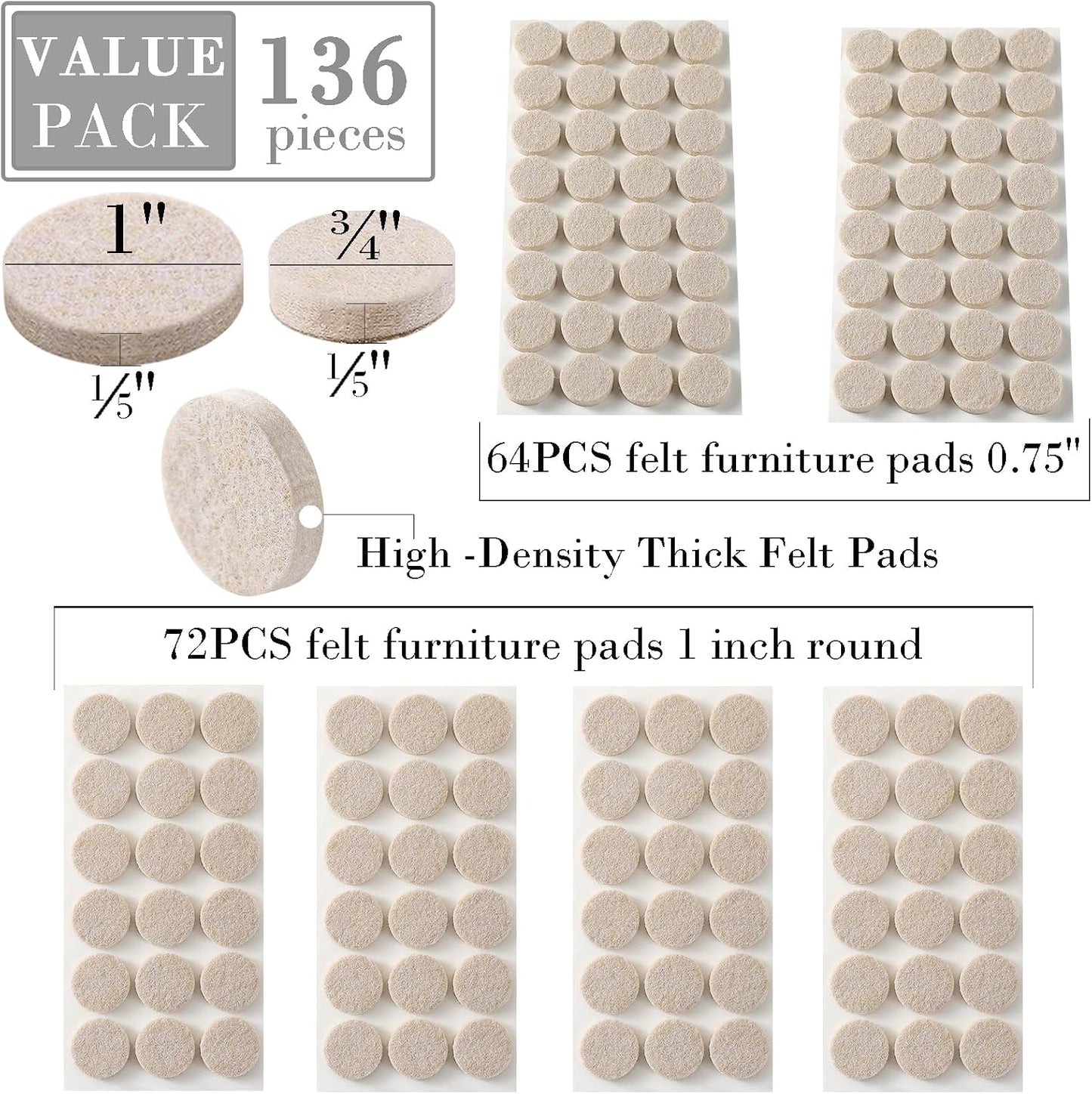 Fursafe&Q Felt Furniture Pads for Hardwood Floors - Self Adhesive Chair Felt Pad, Furniture Feet Floor Protectors, Furniture Sliders Protect from Nicks and dents, Anti Scratch 136 Pcs Beige Square