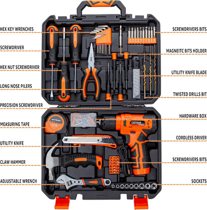 CARTMAN 150PCS 8V Cordless Drill Hand Tool Set, Purple Household Repair Kit | All-Inclusive Tool Assortment With 8V Drill, Great For Home Upkeep, DIY Crafting And Daily Household Fixes
