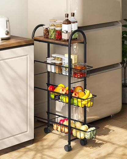 CHOEZON Slim Storage Cart, Storage Shelf on Wheels, Storage Rack with Pull-Out Baskets, Movable Cart with Handles, for Kitchen, Laundry Room, Living Room, Black and Rustic Brown TTC05BF