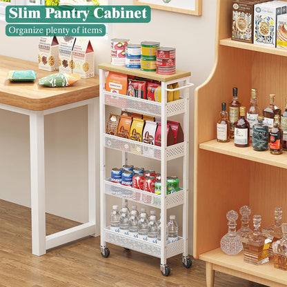 Giwil Slim Storage Cart 5 Tier Narrow Kitchen Rolling Cart on Wheels for Small Space, Metal Utility Cart Narrow Bathroom Storage Cabinet Mobile Shelf Unit Organizer with Wood Top and Handle, Black
