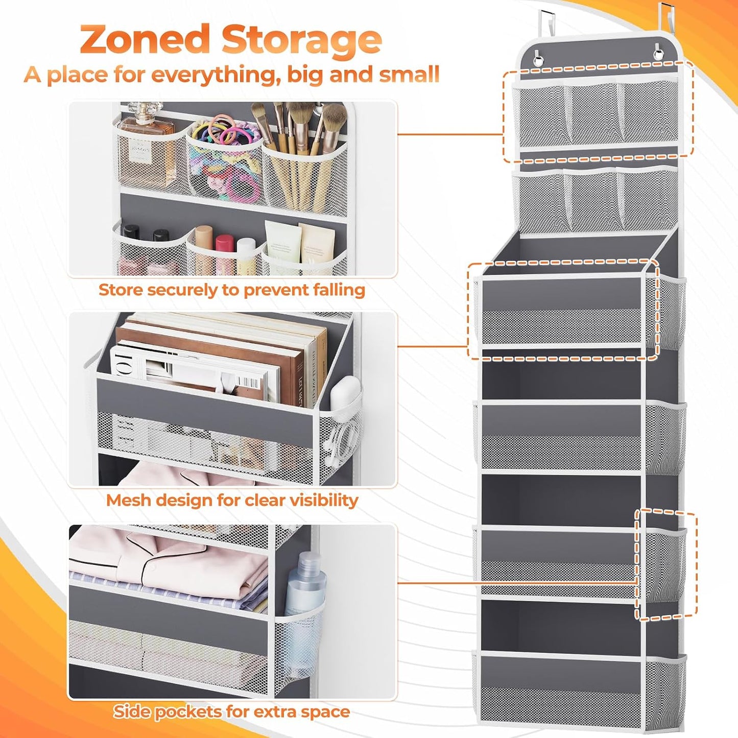 SpaceHacks 5-Tier Over the Door Organizer with Mesh Pockets, Baby Nursery Storage for Closet, Bathroom and Bedroom, Adjustable Hanging Closet Organizer for Cosmetics, Books and Essentials (Dark Grey)