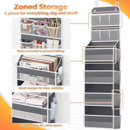 SpaceHacks 5-Tier Over the Door Organizer with Mesh Pockets, Baby Nursery Storage for Closet, Bathroom and Bedroom, Adjustable Hanging Closet Organizer for Cosmetics, Books and Essentials (Dark Grey)