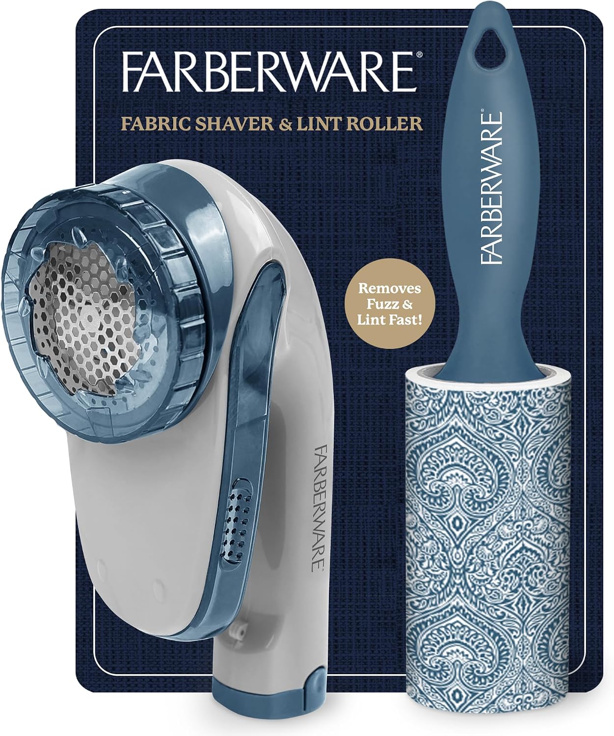 Farberware Fabric Shaver & Lint Remover Set–Battery Operated Sweater Shaver with Triple Blades and Extra Sticky Roller for Pet Hair, Fuzz & Pilling on Clothes, Upholstery & Bedding (Gray/Blue, Small)