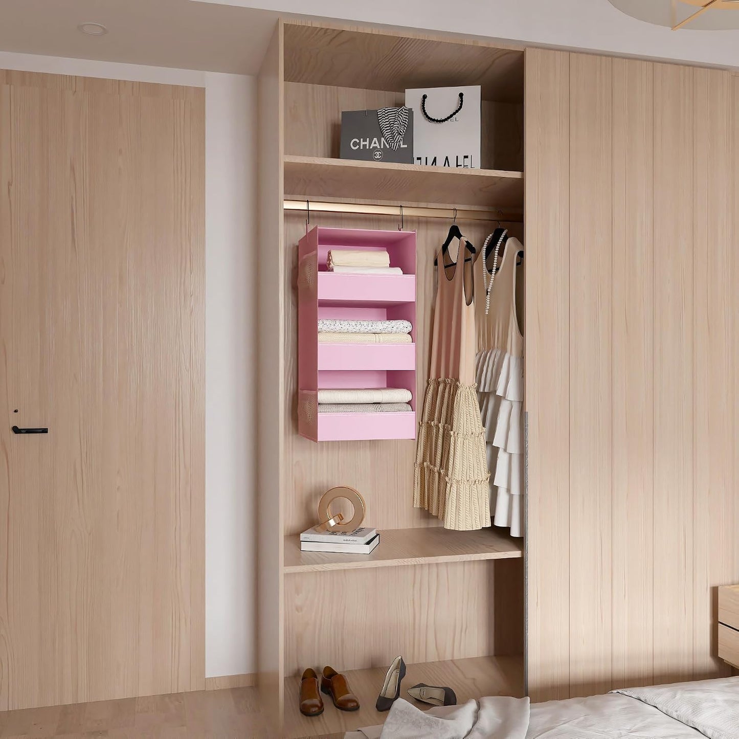 3-Shelf Hanging Closet Organizer, Washable Foldable Storage, Dark Gray | Front lip keeps items secure; side pockets add room; Oxford fabric handles towels, shirts, baby items, dorms, RVs or travel.