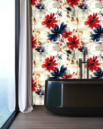 Red Watercolor Floral Peel and Stick Wallpaper Removable Self Adhesive Floral Wall Covering for Living Room Bedroom Accent Wall 17.7 x 70.8 in