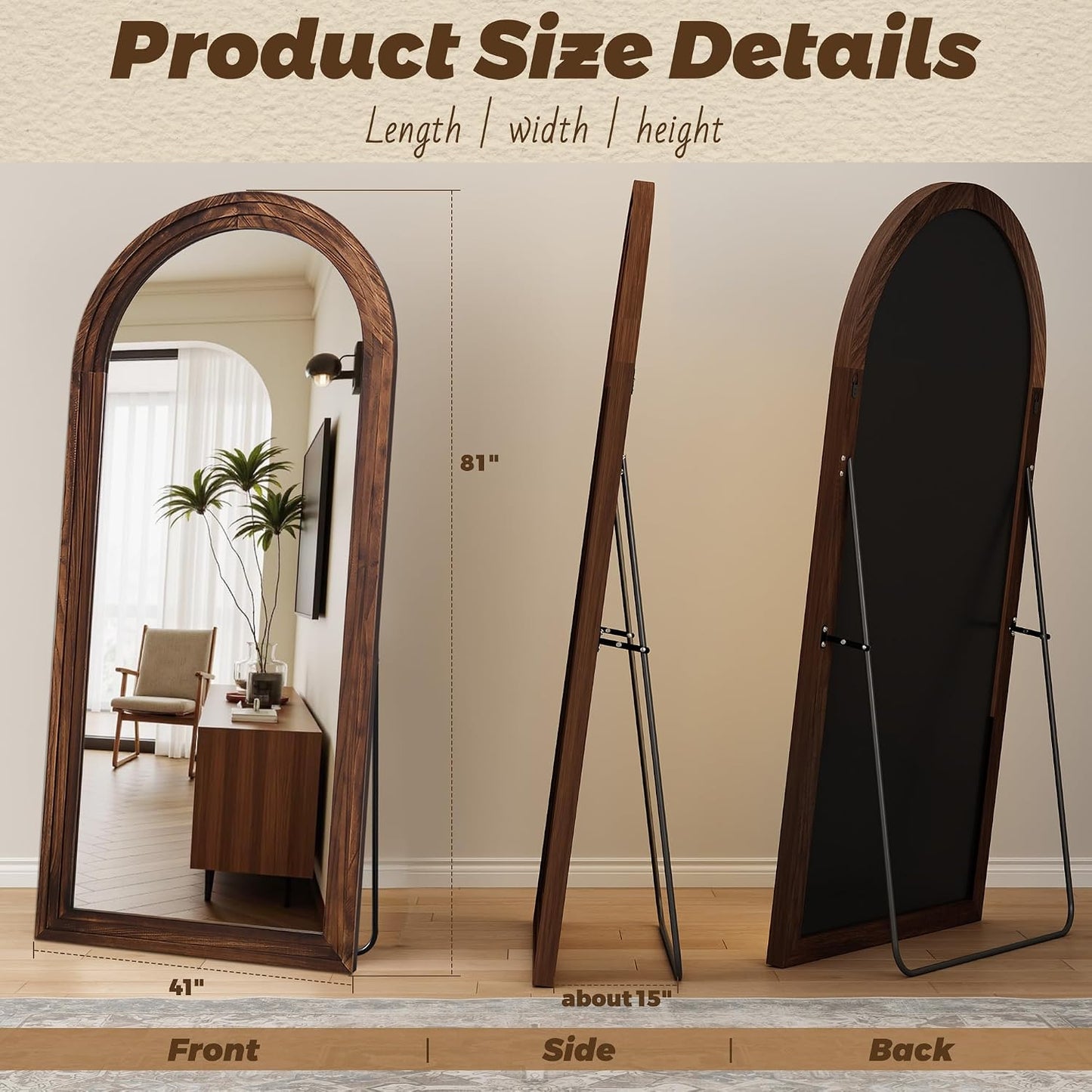 Antok Full Length Mirror with Solid Wood Frame, 71"×32" Wall Mounted Oversized Floor Mirror with Stand, Leaning Standing Hanging for Bedroom Living Room Entryway, Walnut, Arched Syle