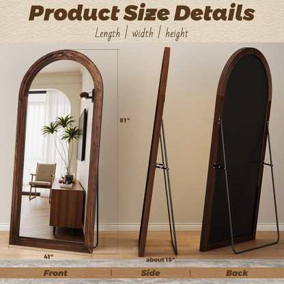 Antok Full Length Mirror with Solid Wood Frame, 71"×32" Wall Mounted Oversized Floor Mirror with Stand, Leaning Standing Hanging for Bedroom Living Room Entryway, Walnut, Arched Syle