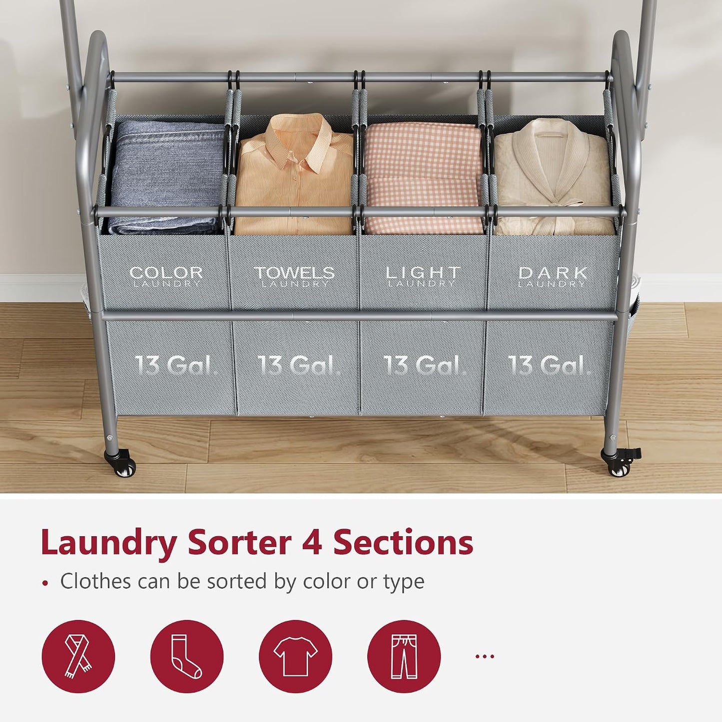 Tajsoon Laundry Hamper with Hanging Rack, 3 Section Laundry Sorter with Heavy Duty Lockable Wheels, Laundry Basket Organizer for Dirty Clothes Storage, 3 Beige