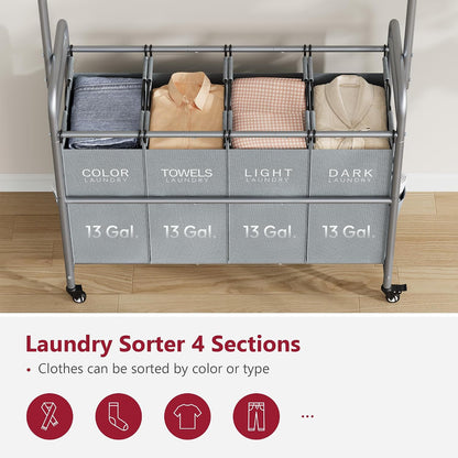 Tajsoon Laundry Hamper with Hanging Rack, 3 Section Laundry Sorter with Heavy Duty Lockable Wheels, Laundry Basket Organizer for Dirty Clothes Storage, 3 Beige