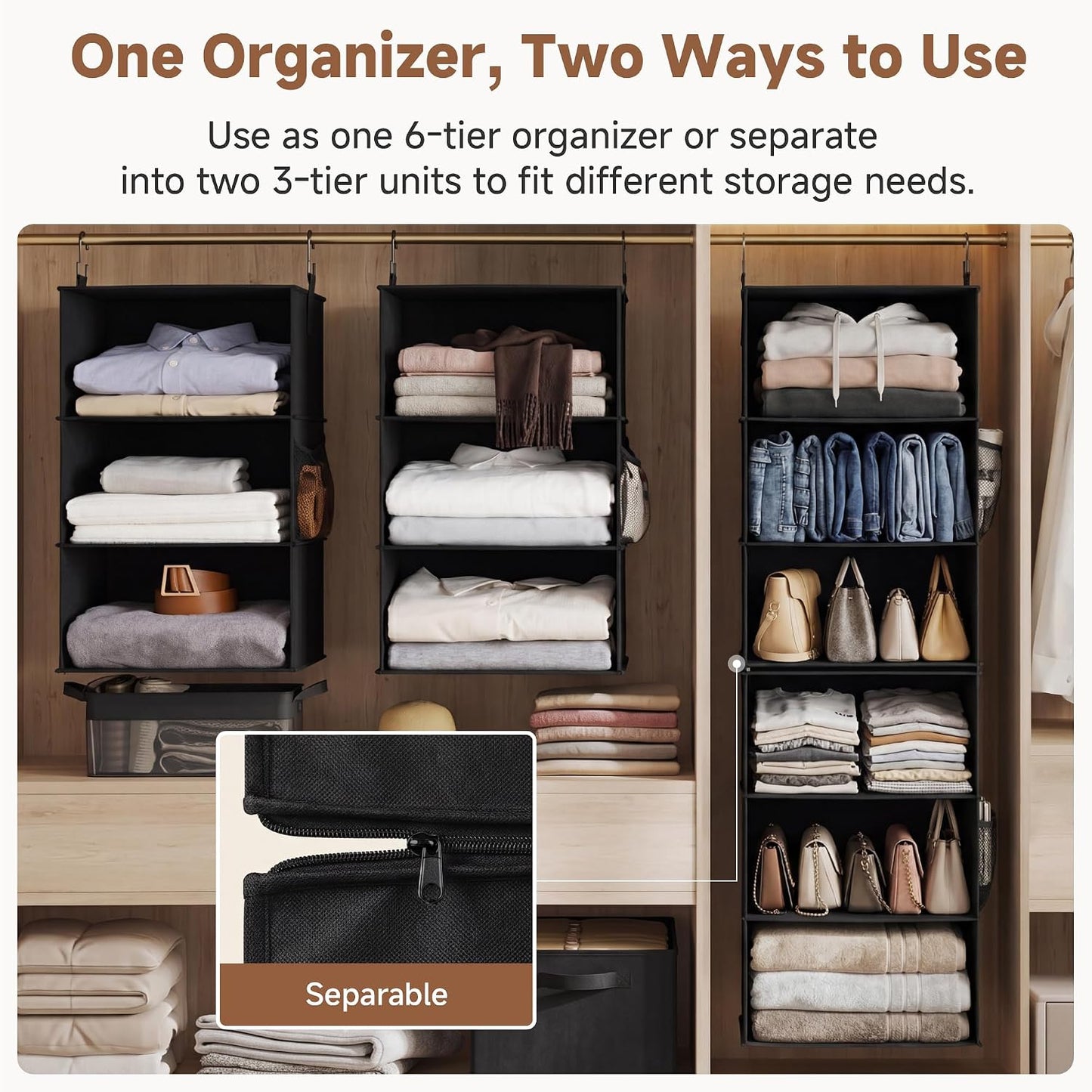 StorageWorks 6-Shelf Closet Organizers, Two 3-Shelf Separable Hanging Shelves for Closet, 12 1⁄2" D x 12 1⁄2" W x 47 ¼" H, Mixing of Beige, White & Ivory