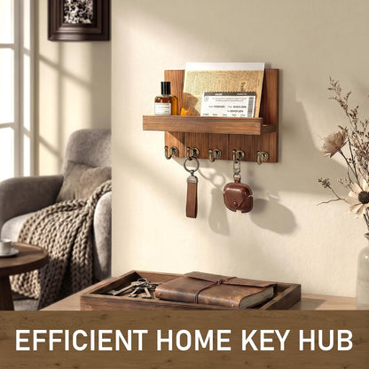 Rebee Vision Decorative Key Holder Wall Mount - Rustic Key Holder for Wall with Shelf and Mail Organizer for Living Room Decor - Home Essentials for Home Improvement (Brown, 3.54" x 10" x 7.28")