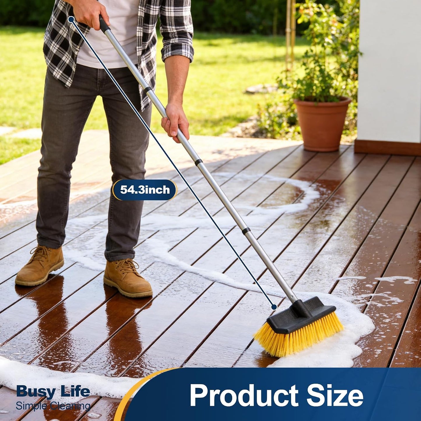 Yocada Deck Brush with 4-Section Extendable Handle Floor Scrub Brush Soft &Medium Bristles Non-Slip Grip for Outdoor Deck Patio Bathroom Garage Concrete Cleaning 54.3 Inch