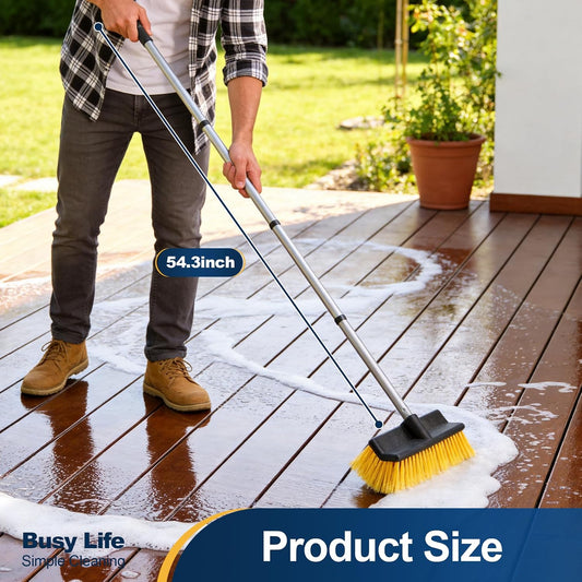 Yocada Deck Brush with 4-Section Extendable Handle Floor Scrub Brush Soft &Medium Bristles Non-Slip Grip for Outdoor Deck Patio Bathroom Garage Concrete Cleaning 54.3 Inch