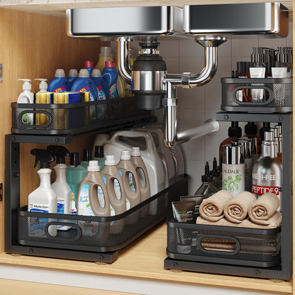 2 Pack Under Sink Organizer With Smooth Cylindrical Rail,2-Tier Pull Out Multi-Purpose Cabinet Storage for Bathroom&Kitchen,Height Adjustable,Rust-resistant Coating-White