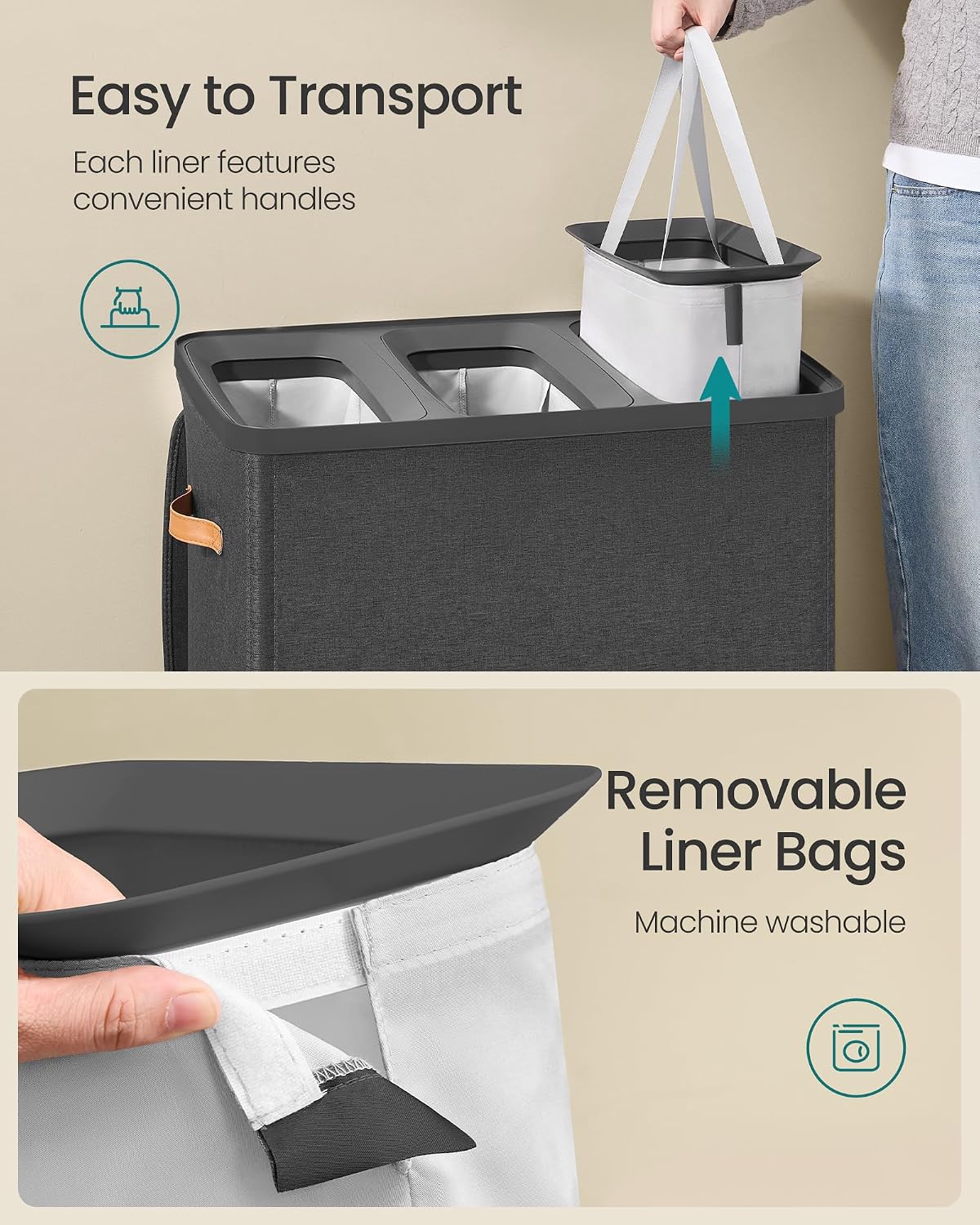 SONGMICS Laundry Basket, 50.2 Gal. Laundry Hamper, 3 Compartments, Easy Assembly, with Lid and Handles, Removable Liners, 25.2 x 15.7 x 29.5 Inches, Cappuccino Beige ULCB814LH01