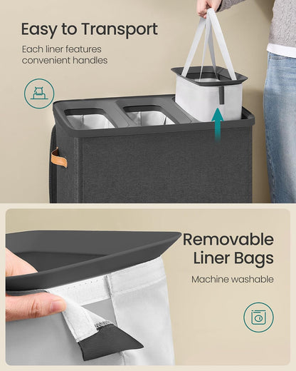 SONGMICS Laundry Basket, 50.2 Gal. Laundry Hamper, 3 Compartments, Easy Assembly, with Lid and Handles, Removable Liners, 25.2 x 15.7 x 29.5 Inches, Cappuccino Beige ULCB814LH01