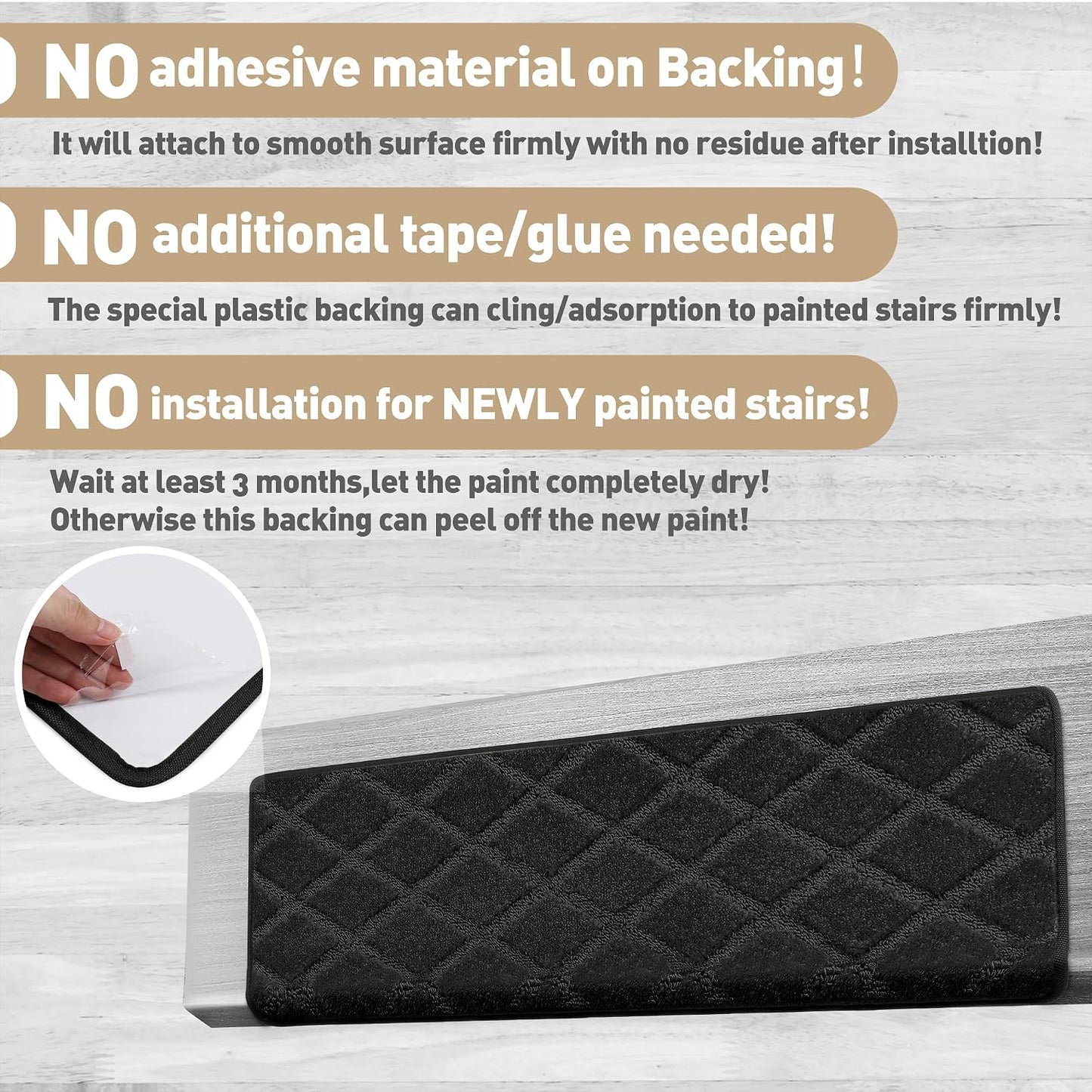 PURE ERA Carpet Stair Treads Tape Free Non Slip Indoor Stair Carpet Stair Protectors Pet-Friendly Non-Slip Skid Resistant Washable Reusable 8" x 30"(2 Pieces,Black)