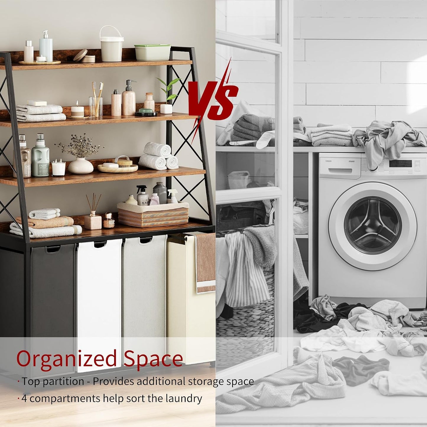 Herture Laundry Basket, 3 Section Laundry Hamper with 4 Tiers Shelf, Pull-Out and Removable Laundry Bags, Large 3 x 15.87 Gallons, for Laundry Room Bathroom Rustic Brown PF05XLN