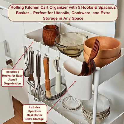 Slim Storage Cart with Wheels Lockable, 4 Tier Narrow Rolling Cart, Hooks and Basket, Multi Cart Organizer for Kitchen Bathroom Laundry Bedroom Office