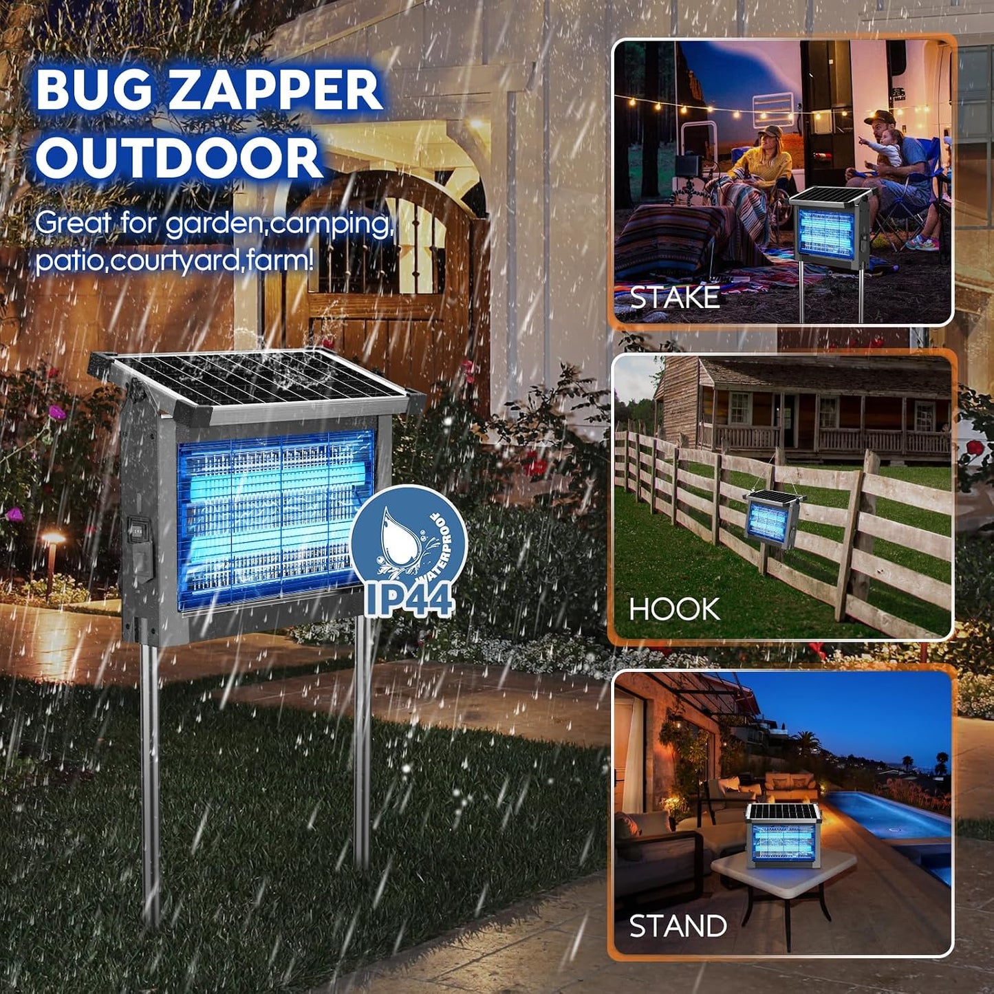 Solar Bug Zapper Outdoor, PhatroyYee Mosquito Zapper 4500V, Waterproof Portable Fly Zapper, Rechargeable Electric Mosquito Killer, Cordless Fly Insect Mosquitos Trap for Patio Yard Home Garden Camping