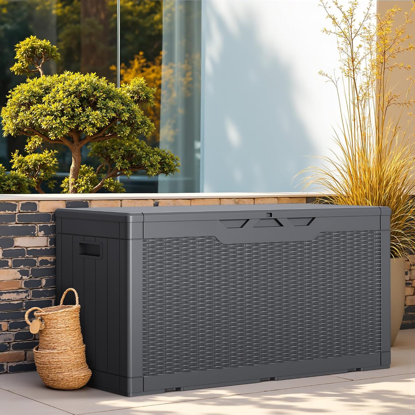 Greesum 31 Gallon Resin Deck Box All Weather Outdoor Storage Boxes for Patio Furniture Set,Outdoor Toys,Garden Tools,Black
